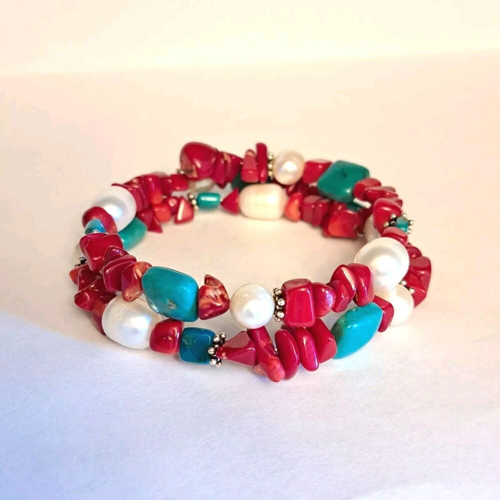 NEW Handmade Coral Turquoise Pearl Natural Gemstones Spring Style Bracelet - Picture 1 of 5